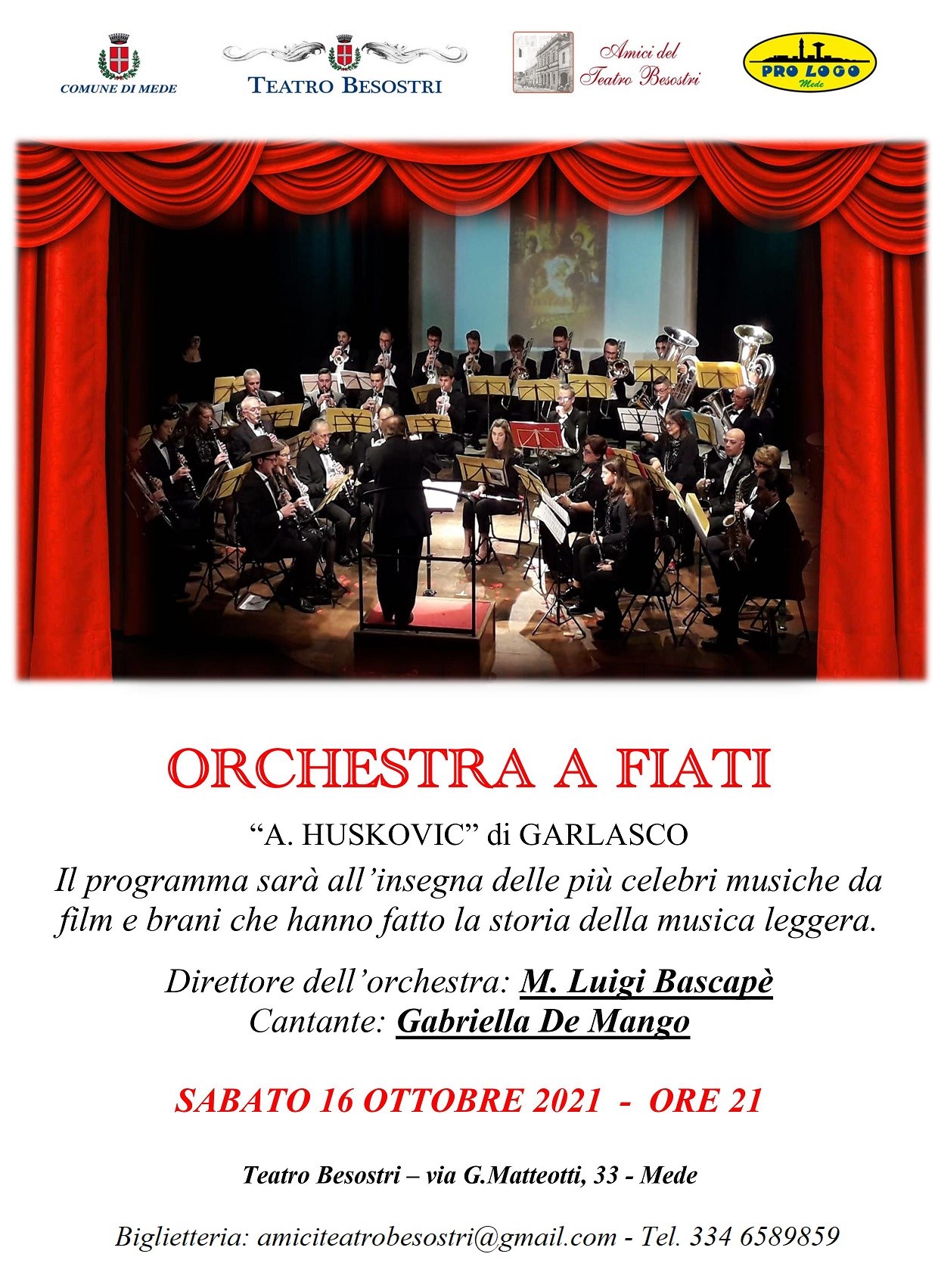 SABATO 16 OTTOBRE ORE 21:00 SERATA MUSICALE CON  L'ORCHESTRA A FIATI “A. HUSKOVIC” DI GARLASCO